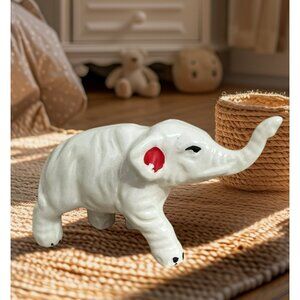 Rescue Vintage Ceramic Elephant‎ Figurine With Red & Black Details